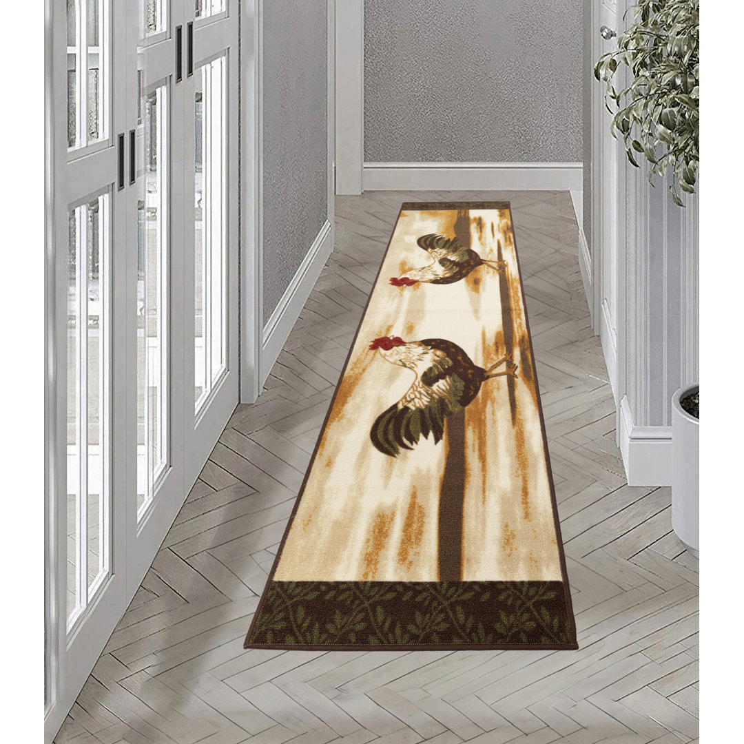 Machine Washable Printed Rooster Beige Brown Runner Rug and Mat Purhome Rug 