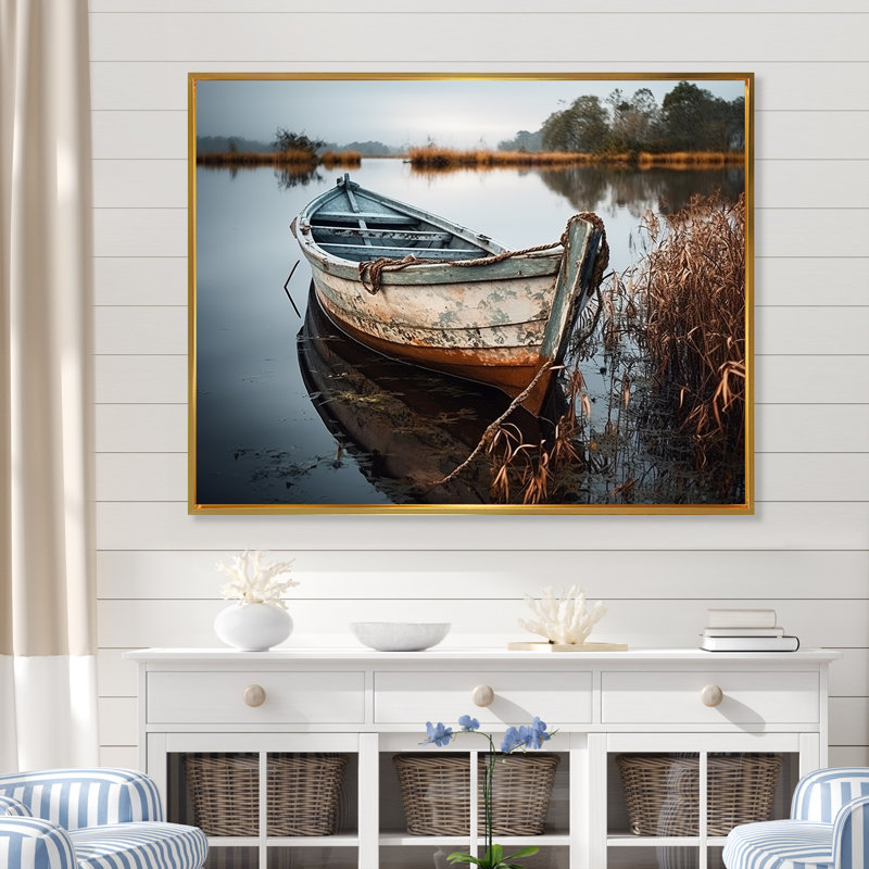 «Coastal Boat Charm In Autumn» - art mural bateau côtier, H 12 po x l 20 po x P 1 po, Cadre flottant doré