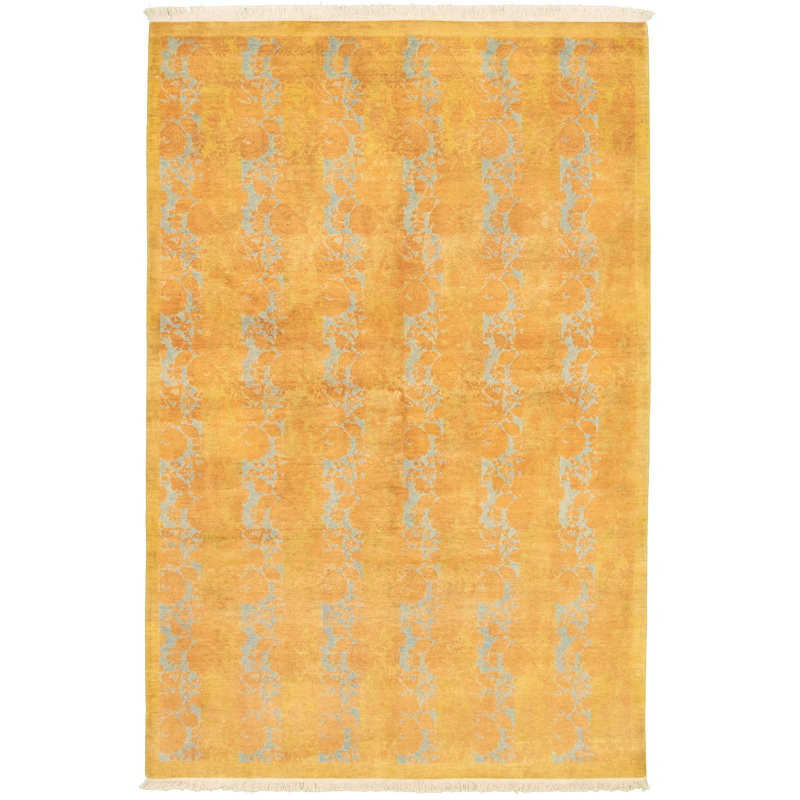 Tapis décoratif en laine noué à la main de conception unique noué à la main new age de style perse 18/20 jaune 5 pi 2 po x 7 pi 9 po