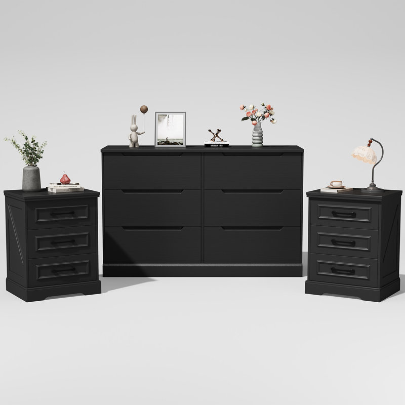 Ensemble de chambre à coucher 3 pièces - Ensemble de commode double 6 tiroirs l 47,2 po et 2 tables de chevet 3 tiroirs avec station de charge