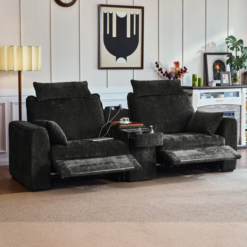 Canapé inclinable électrique 2 places en chenille avec repose-tête surdimensionné et modulaire Cloud, Noir