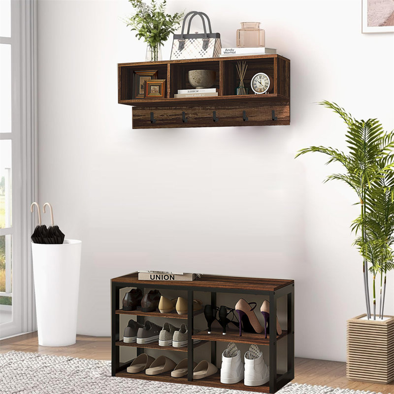 17 Stories 2-In-1 Coat Rack Shoe Bench Set, 5-Hook Hall Tree With Bench And Shoe Storage For 10 Pairs Of Shoes For Entryway Hallway Brown
