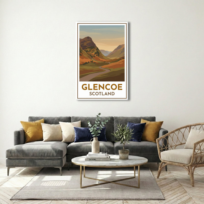 Glencoe, Scotland - Romantic Highlands Travel Poster Celebrating The Glen And Mountains. Giclee Print On Wrapped Canvas. Wall Art, Home Decor - Regions & Scenic Areas, Scotland - Wrapped Canvas Print