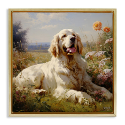 Calm Golden Retriever Landscape Brown Framed Floater Canvas Wall Art by Roozbeh Bahramali