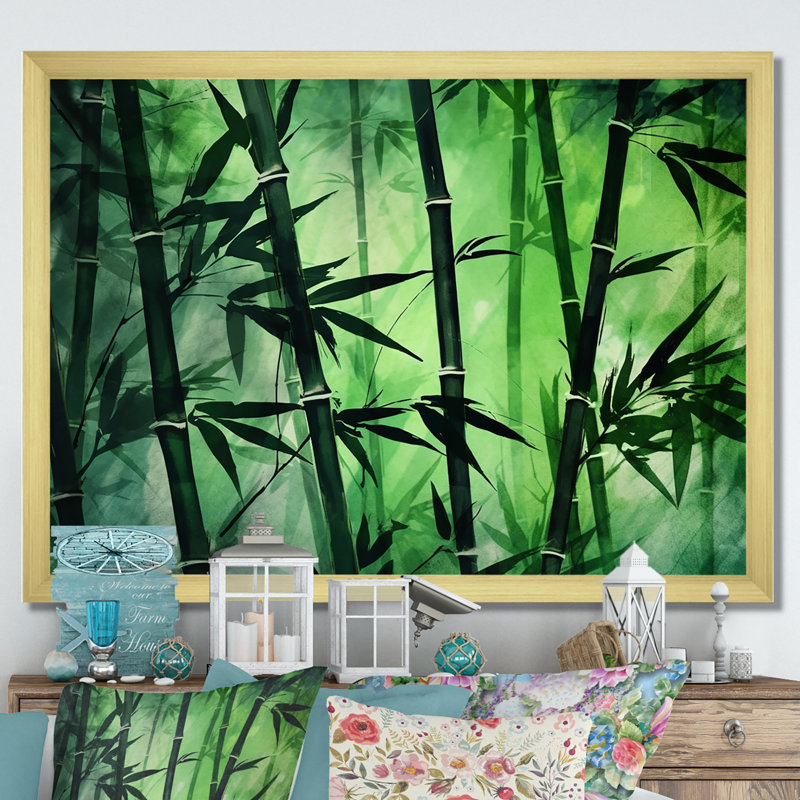 Bambou vert foncé et clair sur toile, H 12 po x l 20 po x P 1 po, Encadrement doré