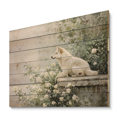 Loup perché en été - Art mural moderne sur bois de pin naturel