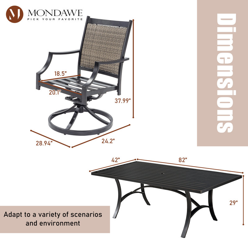 Ensemble de salle à manger d'extérieur 5 pièces 5 pièces - Table rectangulaire en aluminium 82 po avec trou pour parasol 1,9 po et 4 chaises pivotantes avec coussin