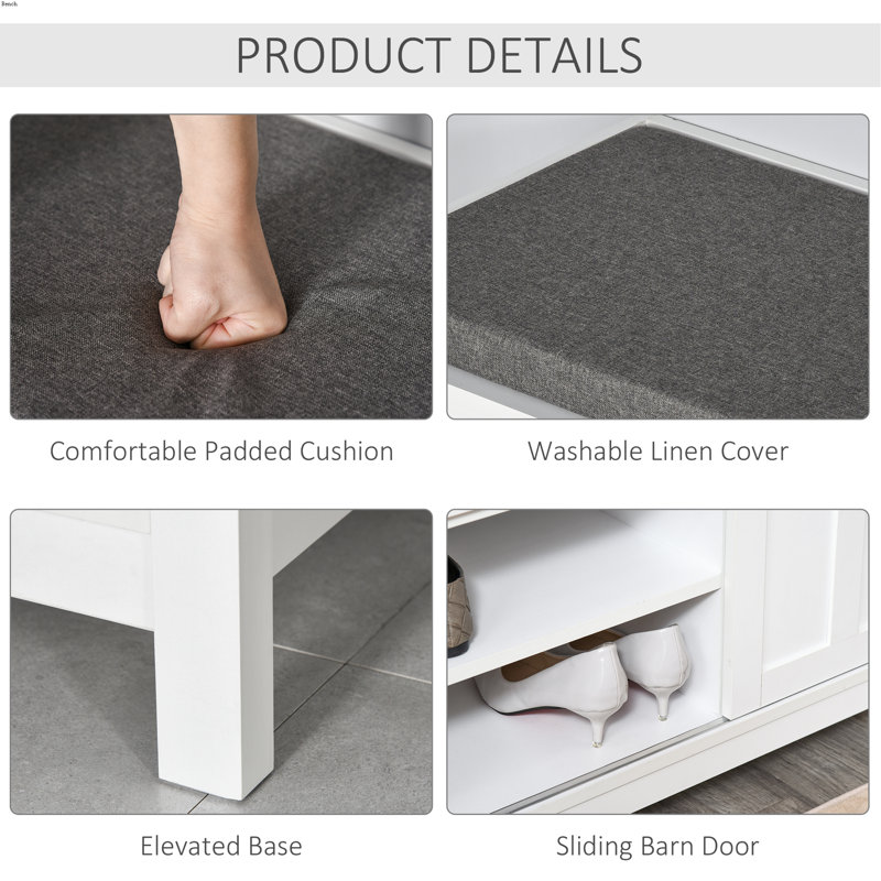 Entryway Shoe Bench, Storage Ottoman Bench With Adjustable Shelf, White