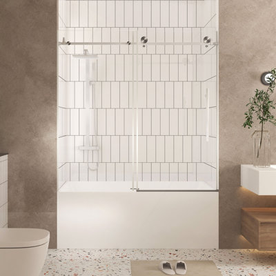 Porte de douche sans cadre de l 56 à 60 po, verre trempé transparent de 1/4 po (6 mm), film antidéflagrant, poignée en acier inoxydable