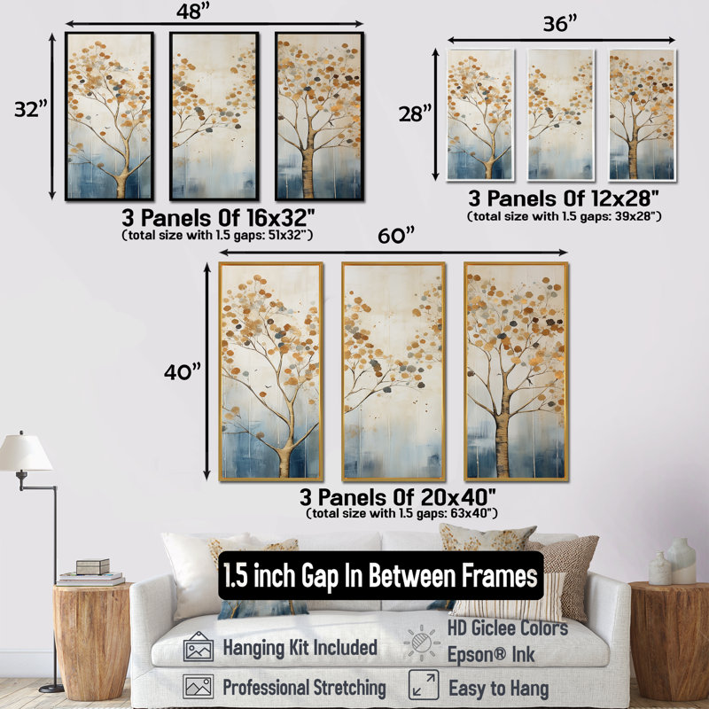 Ensemble de salon art mural arbre doré et bleu Harmony II, Cadre flottant noir, H 32 po x l 48 po x P 1 po