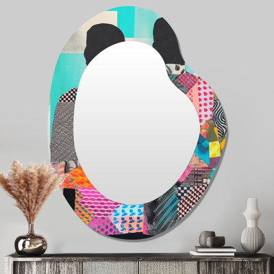 Couple Silhouette Abstract Geometric Retro Collage - Couple Irregular Shape Decorative Mirror, Blue Asymmetrical Wall Mirror, Printed Metal Art