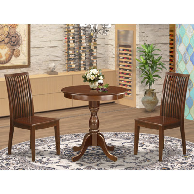 3 Piece Dining Table Set for Small Spaces Contains a Round Dining Room Table with Pedestal and 2 Wood Seat Chairs, 30x30 Inch, Mahogany