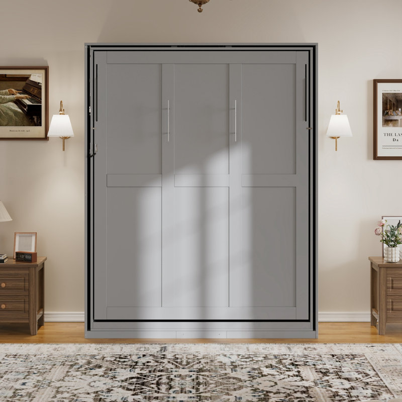 Grand lit escamotable avec supports de rangement cachés, Gris