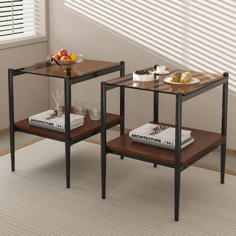 Ensemble de 2 tables de bout rectangulaires, plateau en verre trempé avec panneau de fibres à densité moyenne, Brun
