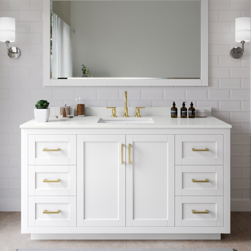 Miranda 60" Freestanding Single Bathroom Vanity with Quartz Top, White Quartz, White, Brushed Gold