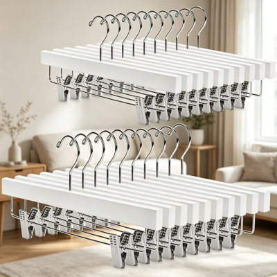 Premium Wooden Pants Hangers With Adjustable Clips - Heavy Duty Hardwood Skirt And Jeans Hangers With Non-Slip Grip And 360-Degree Swivel Hook