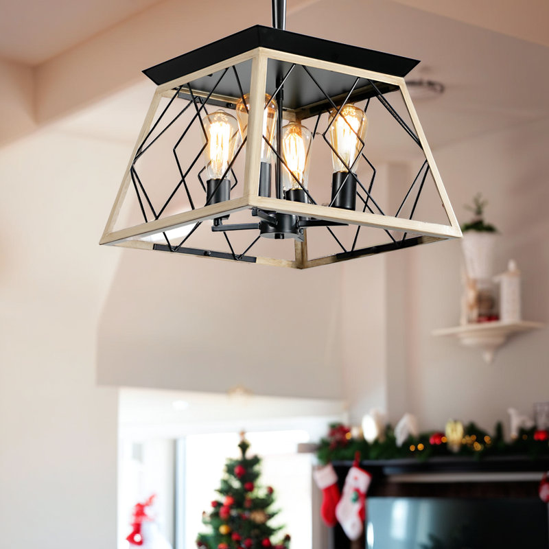 Luminaire suspendu style lustre 4 lumières de style campagnard en acier rustique pour salle à manger et cuisine, Gris
