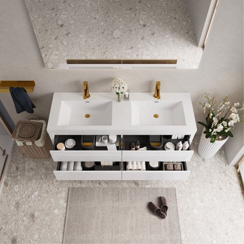 Meuble-lavabo mural 60 po avec lavabo, armoire de rangement flottante avec comptoir en résine de pierre et tiroirs à fermeture en douceur entièrement assemblés
