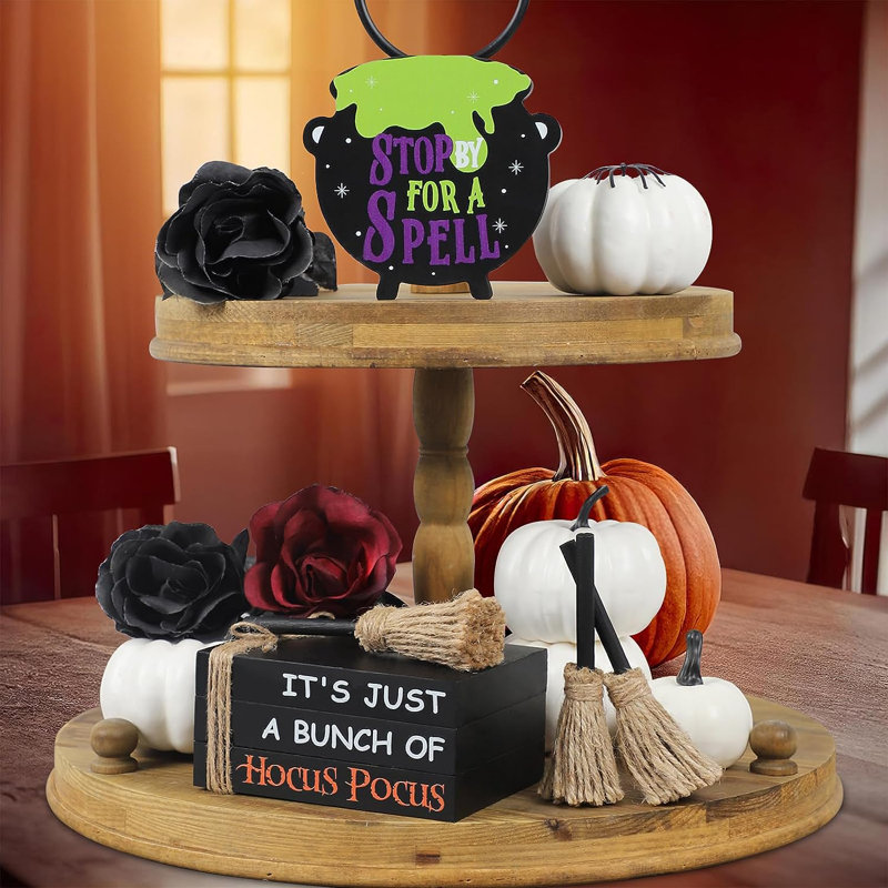 Décorations d'Halloween Hocus Pocus, 1 ensemble de pile de livres d'Halloween, 1 signe de chaudron de sorcière et 3 balais de sorcière pour Halloween