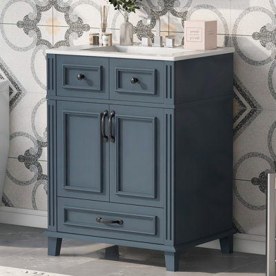 Meuble-lavabo bleu 24 po avec lavabo en céramique et structure en bois massif, armoire de rangement de style rétro avec portes à fermeture douce