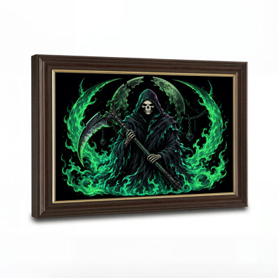 Grim Reaper Figure In Glowing Green Fire Under Halloween Canvas Wall Art
