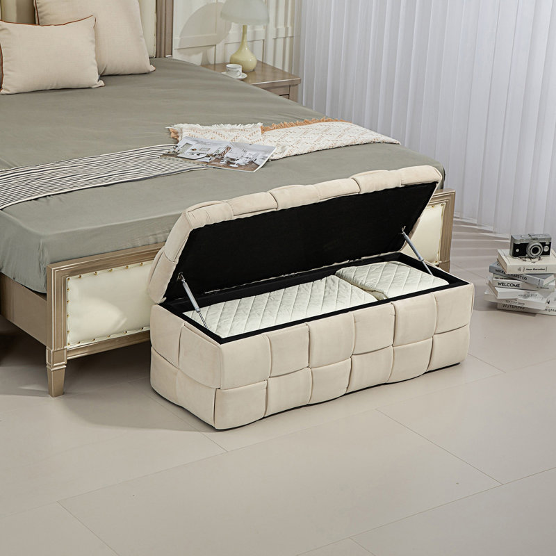 Banc de rangement en velours Pransh, Beige