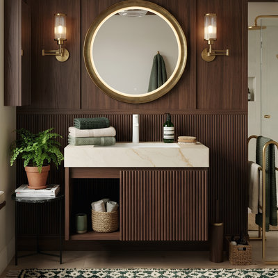 Meuble-lavabo flottant mural de 30 po avec porte cannelée 3D et tablette ouverte, armoire en contreplaqué, plateau en pierre frittée crème et cuve en céramique (noyer)