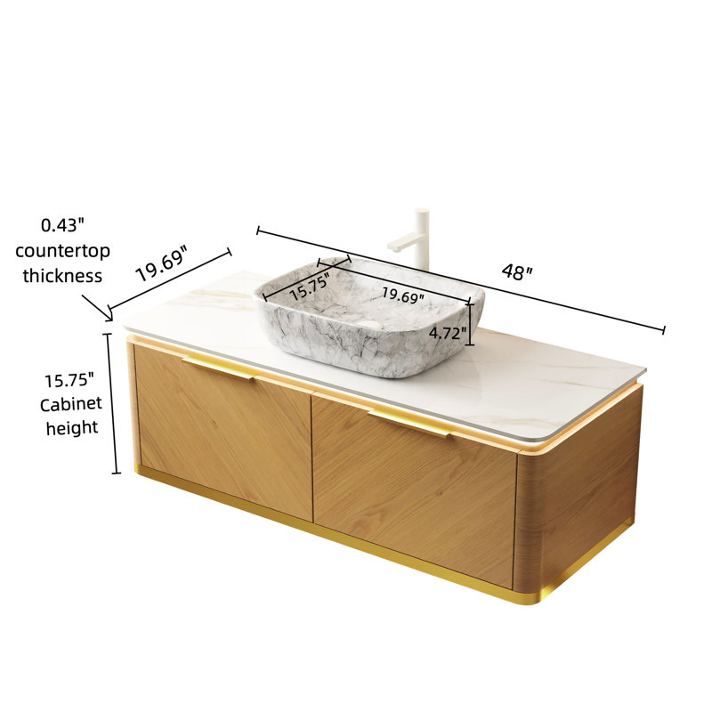 Meuble-lavabo flottant de 48 po avec tiroirs, éclairage à détection automatique, cuve en céramique et plateau en pierre frittée, contreplaqué multicouche dans un meuble-lavabo en noyer foncé: système de fermeture en douceur pré-assemblé, capteur,