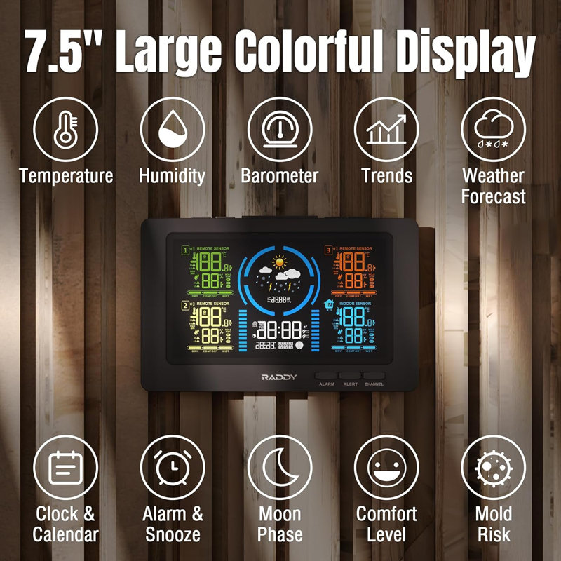 Wf-80c Weather Station Wireless Indoor Outdoor 7.5'' Large Colour Display With 3 Outdoor Sensors, Thermometer Hygrometer Barometer, Atomic Clock, Weather Forecast