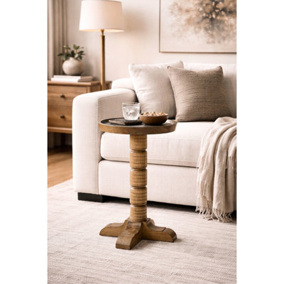 Table à abat-jour en amande avec finition inspirée, plateau rond compact pour une utilisation fonctionnelle dans la salle de jeu, base à piédestal tourné, pouvant être utilisée comme pièce de divertissement ou comme objet occasionnel, bois massif +, 14