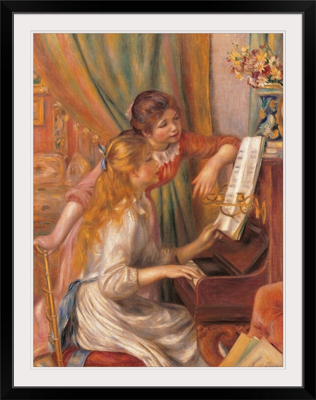 «Jeunes filles au piano, 1892» par Pierre-Auguste Renoir, reproduction d'art, Foncé foncé, Toile avec cadre noir