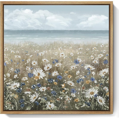 Framed Wall Art Bathroom Décor Boho Beach Coastal Vintage Floral Wall Picture Flower Daisy Flowers By Sea Canvas Print Nautical Small Artwork For Home Farmhouse Living Room Bedroom Office