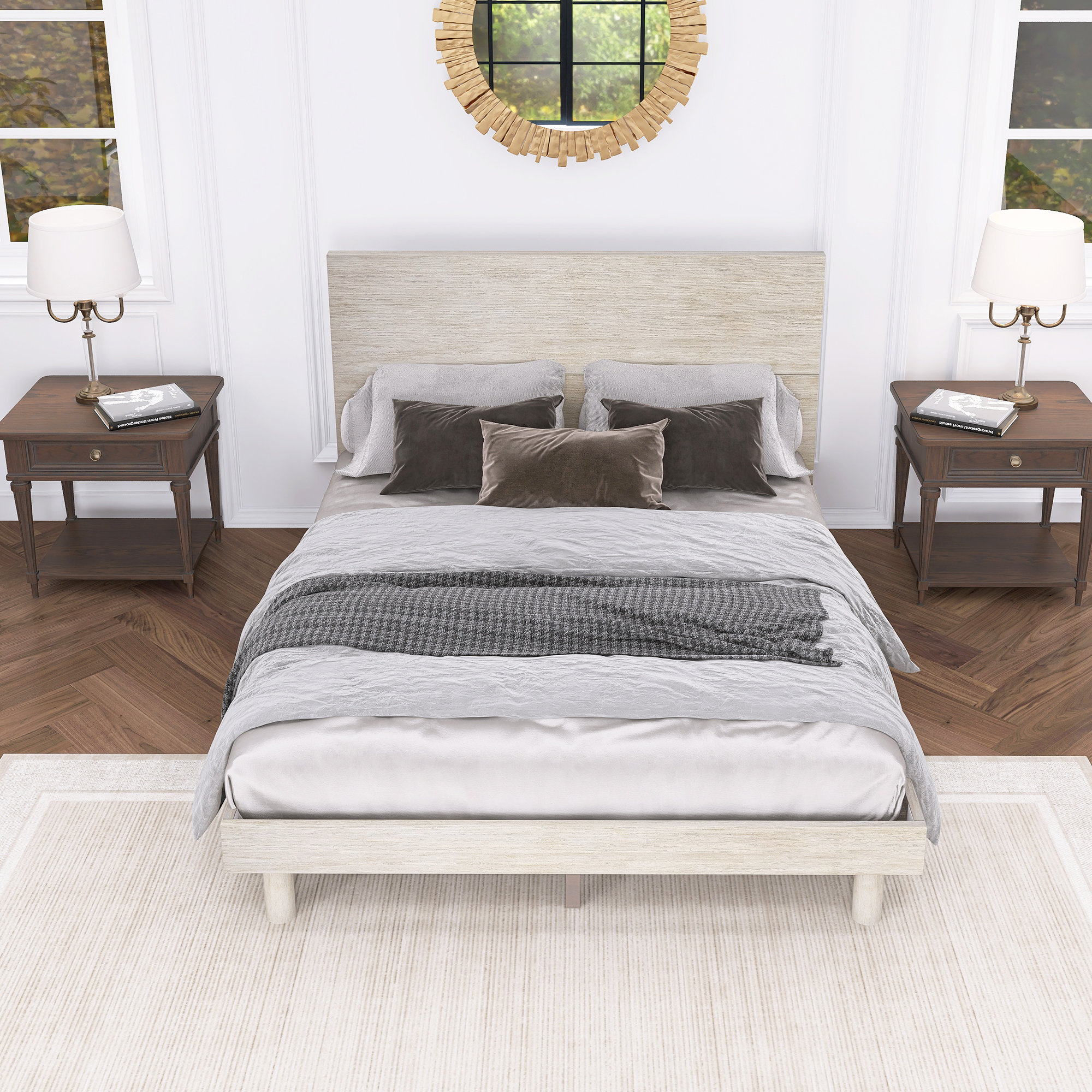 Modern Concise Style Solid Wood Grain Platform Bed Frame, King, Stone Gray