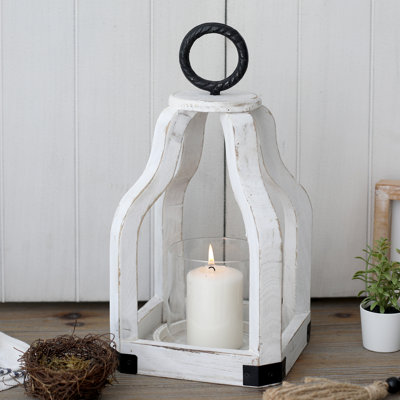 13" Rustic Farmhouse Wood Candle Hurricane Lantern With Glass Candlestick Holder For Patio, Table Centerpiece