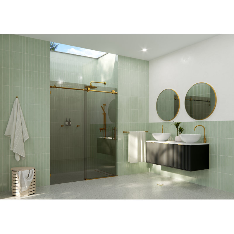 Equinox 56 - 60 in. x 78 in. Fully Frameless Gray Tinted Sliding Shower Door, Satin Brass
