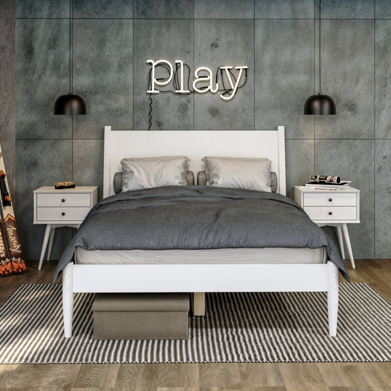 Lit plateforme en bois massif Ashlie, Blanc, Double