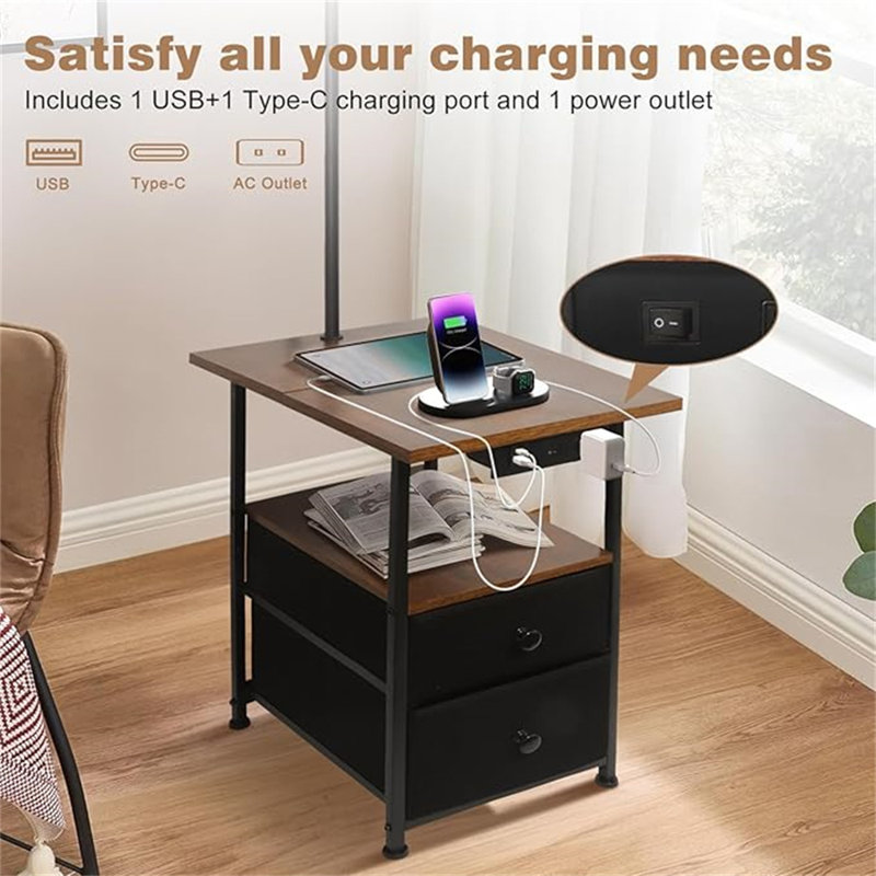 Floor Lamp With Table & 2 Drawers, End Table With 3 Color Temperature Reading Light, Side Table Lamp With USB & Type C & AC Charging Port For Living Room, Bedroom