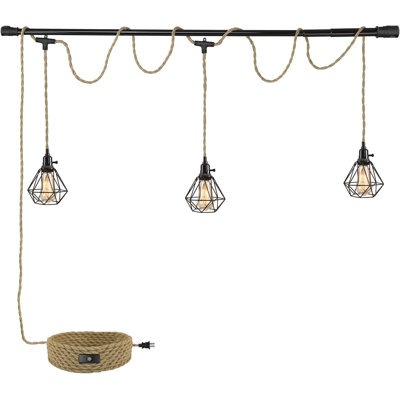 3-Light Hanging Light with Plug in Cord,Plug in Pendant Light 22ft Hemp Rope Pendant Lighting Vintage 3-Light Hanging Lamp Fixtures for Kitchen Island Living Room Bedroom