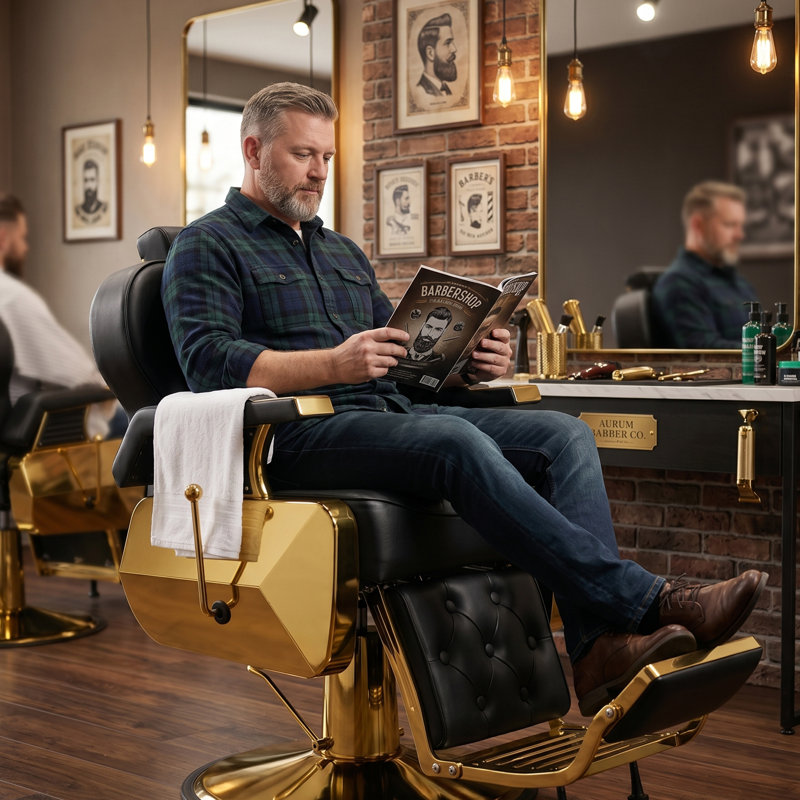 Vintage Reclining Barber Chair With Gold Frame, Tufted Pu Leather, And Hydraulic Pump (supports Up To 550 Lbs.), Gold