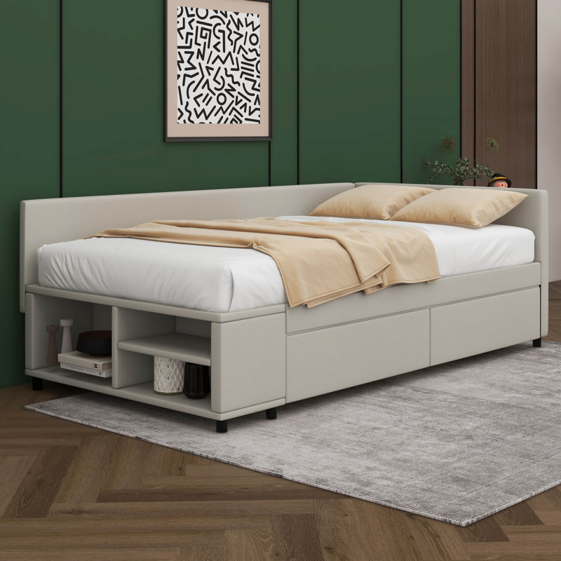 Lit plateforme simple tapissier en forme de L avec rangement et tiroirs, Beige
