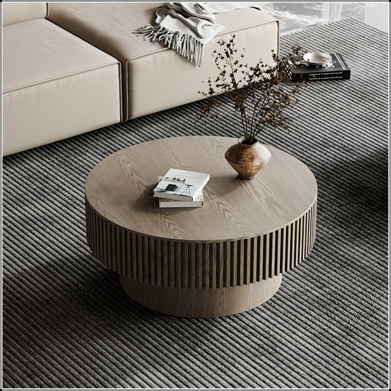 Table basse ronde 31,5 po avec rangement, table d'appoint moderne en placage de bois massif pour le salon et la chambre à coucher