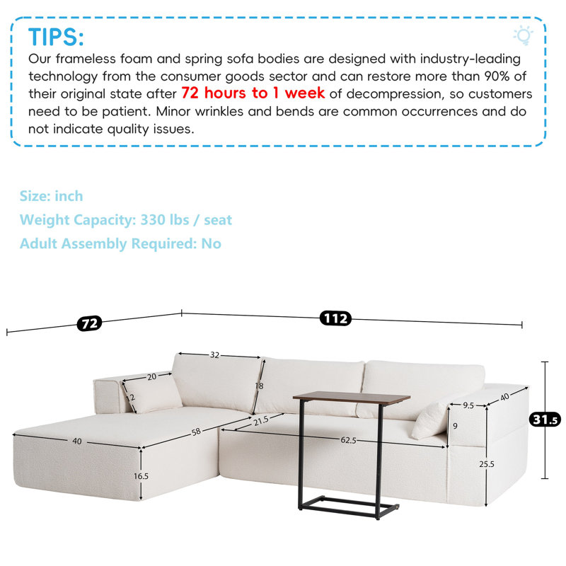Boneless 112"W 2-Piece Upholstered Sectional, Black Boucle