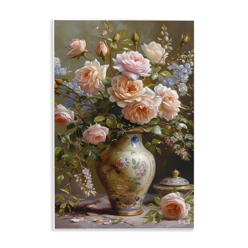 Roses dans un vase traditionnel, art mural par Roozbeh Bahramali, H 15 po x l 10 po