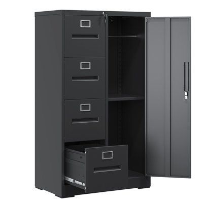 Black File Cabinet With 4 Drawers, Adjustable Hanging Rails, , Suitable For Living Room Steel Locker Lock, And Storage Wardrobe, Silent Operation Office