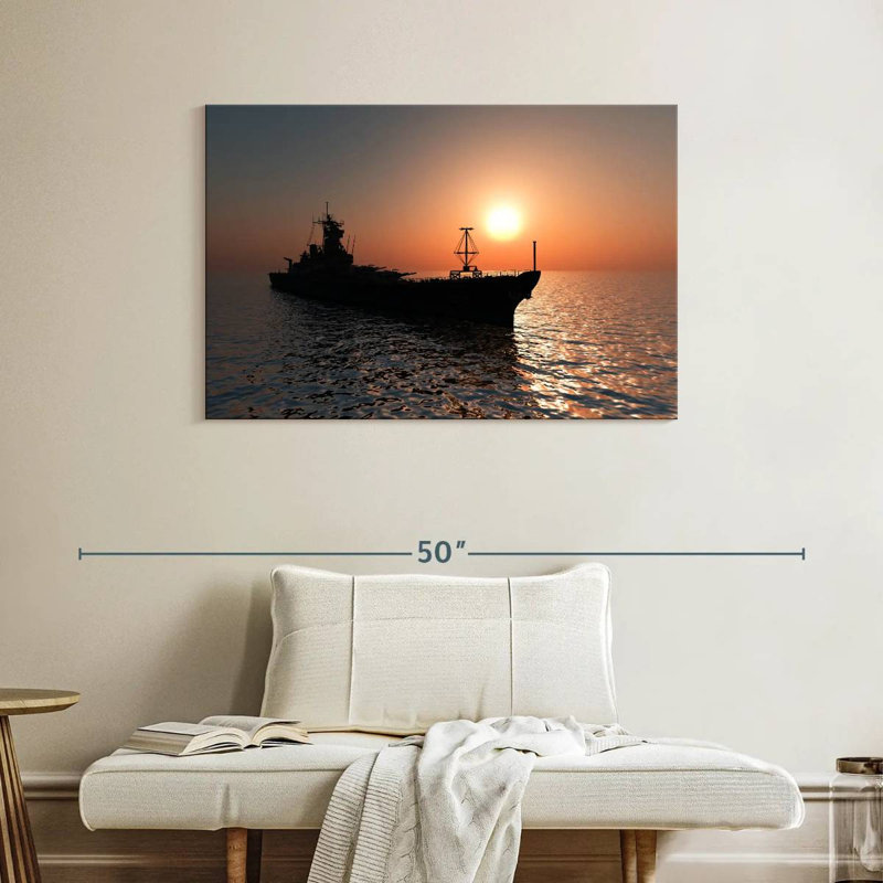 Navire Mait au coucher du soleil, H 26 po x l 39 po