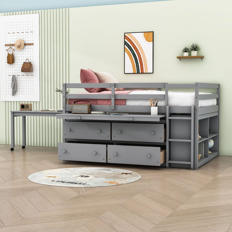 Lit mezzanine en bois 4 tiroirs avec bureau et tablettes Eli Kids, Gris, Simple