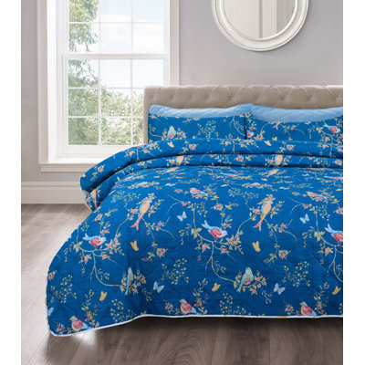 Kernberry Birds Floral Navy Bedspreads Set Quilted Bedspread sets with Bed Comforter Pillowsham