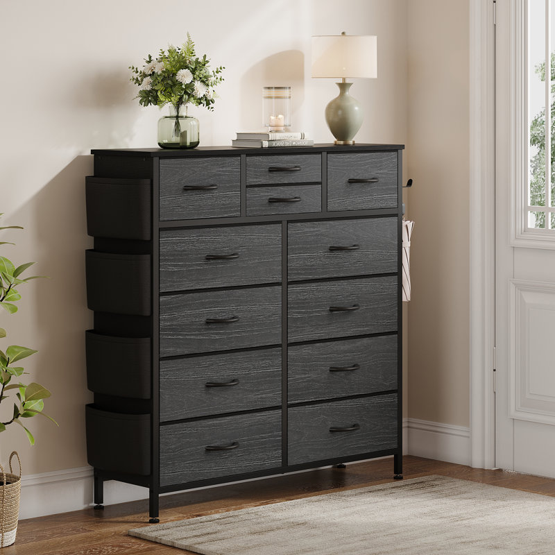 Commode 12 tiroirs pour chambre à coucher avec 4 poches latérales et 2 crochets Forestine, Grain de bois noir