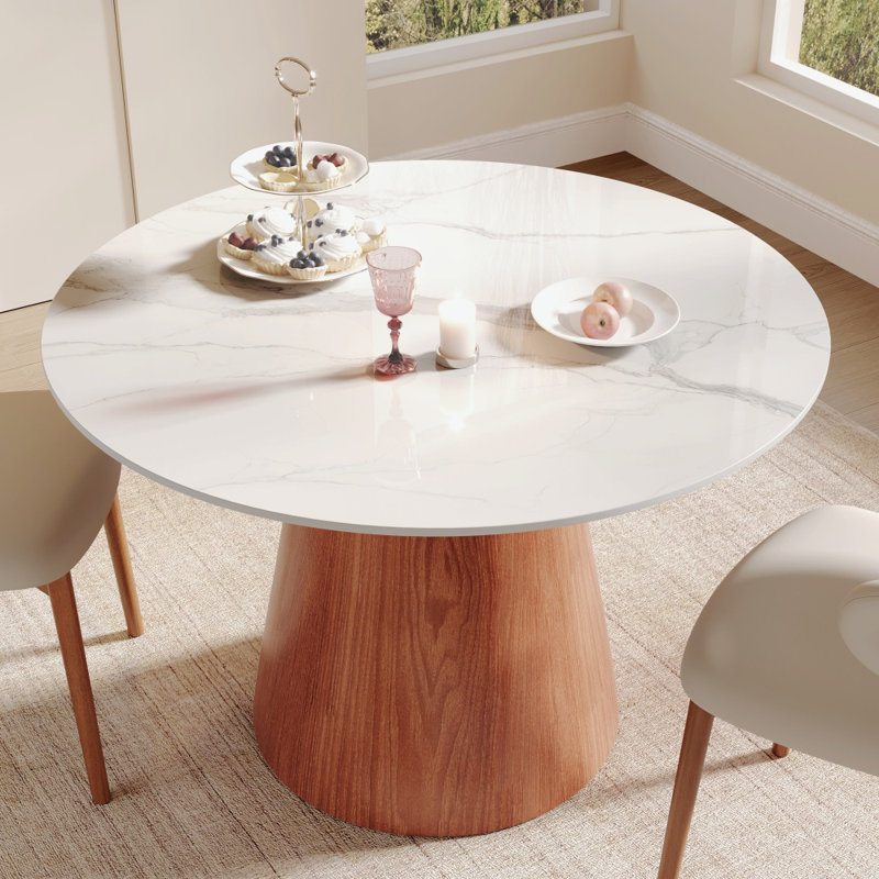 Table de salle à manger Stable, H 29,52 po x L 43,31 po x l 43,31 po, Blanc brillant / Noyer