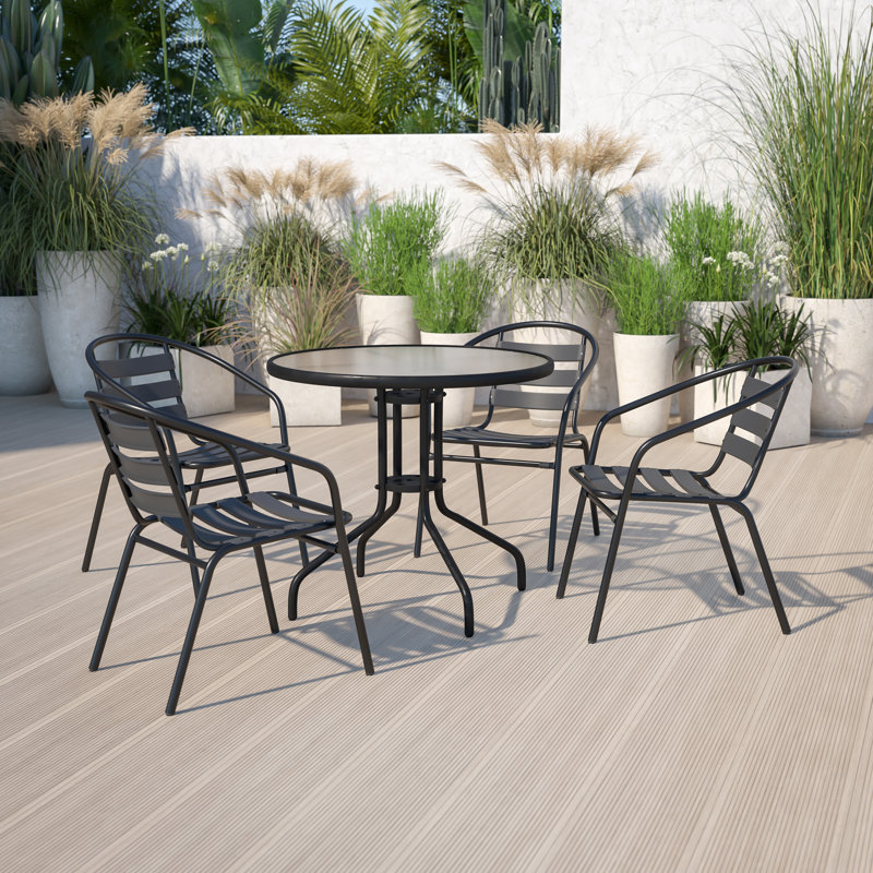Amlie 31.5" Round Glass Metal Table with 4 Metal Aluminum Slat Stack Chairs, Black